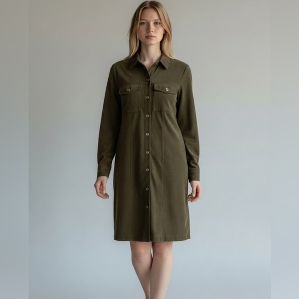 Vintage Olive Green Long Sleeve Midi Dress
